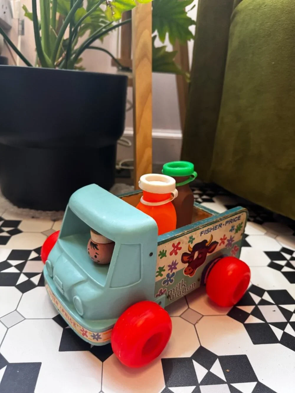 Fisher Price Pull Toy Milk Wagon 131 with Two Bottles, Vintage Circa 1965-1972